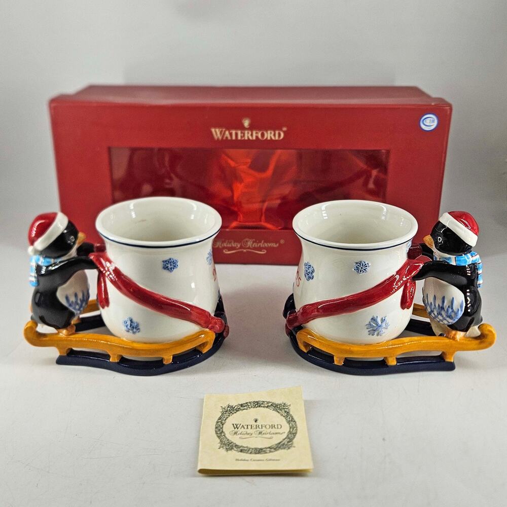 Waterford Snowy Village Ceramic Penguin Two Mugs 2005 In Box